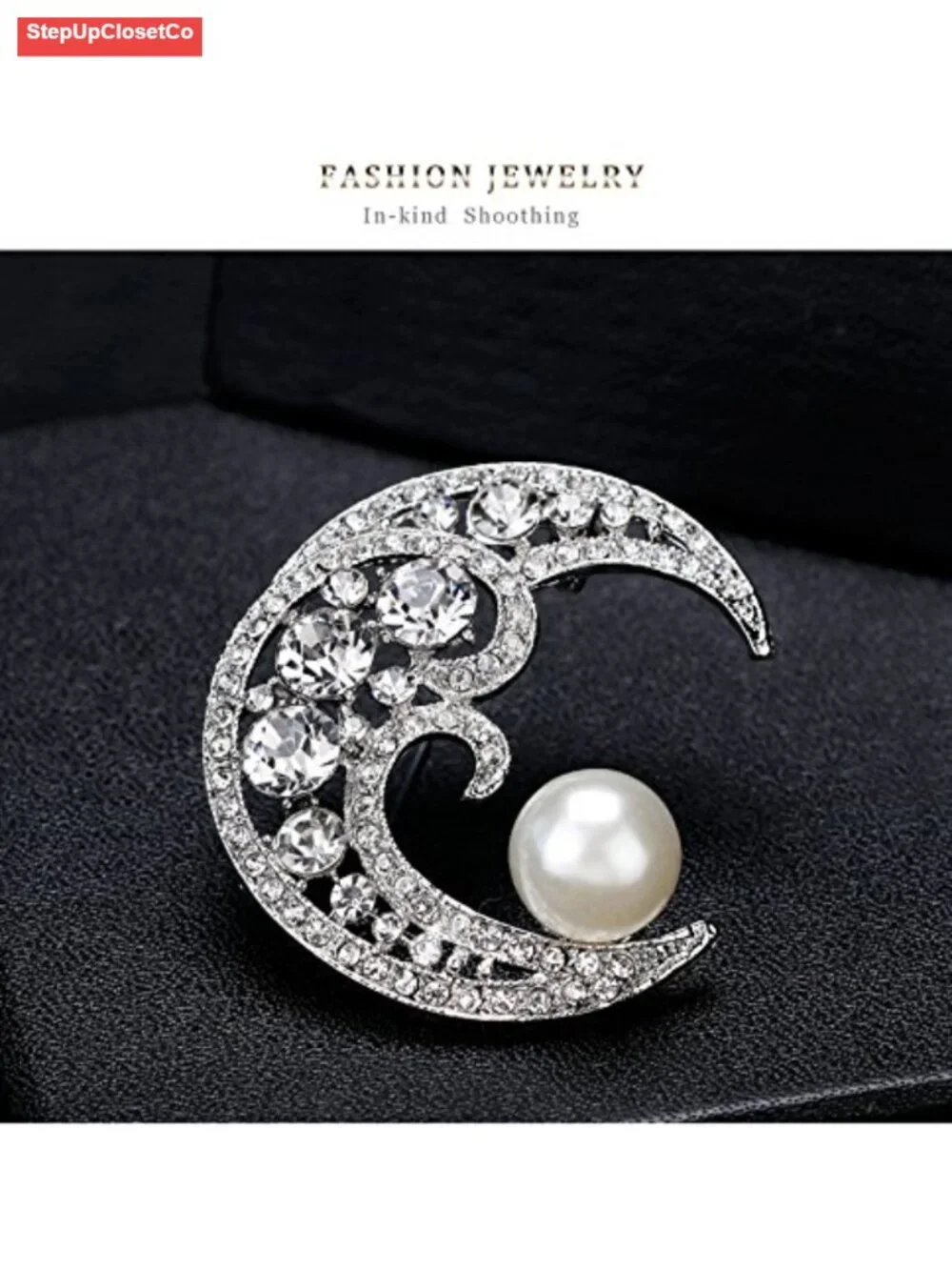 Crystal Crescent Moon Brooch Pin, Freshwater Pearl Style, Gift for Mom Wife,